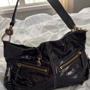 Dooney & Bourke Shiny Black Shoulder Bag with Gold Accents